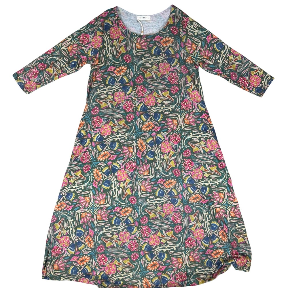 Natural Life Womens Floral Knit A-Line Midi Dress Long Sleeve Green Pink Large